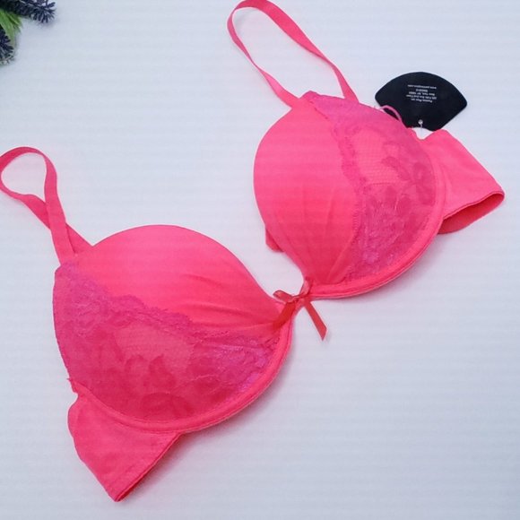 new 36C Bra Neon Pink Orange Lightly Padded Lace Underwire Push Up Bra 36C - Picture 2 of 11